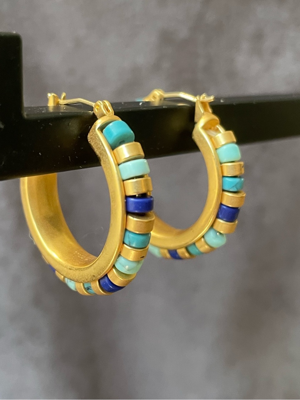 Vintage Egyptian-Inspired Gold Hoop Earrings with Turquoise & Blue Beads